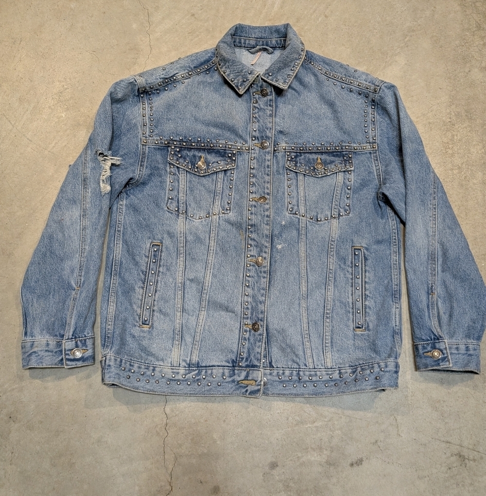 Free People Women's S Blue Studded Denim Jacket Distressing